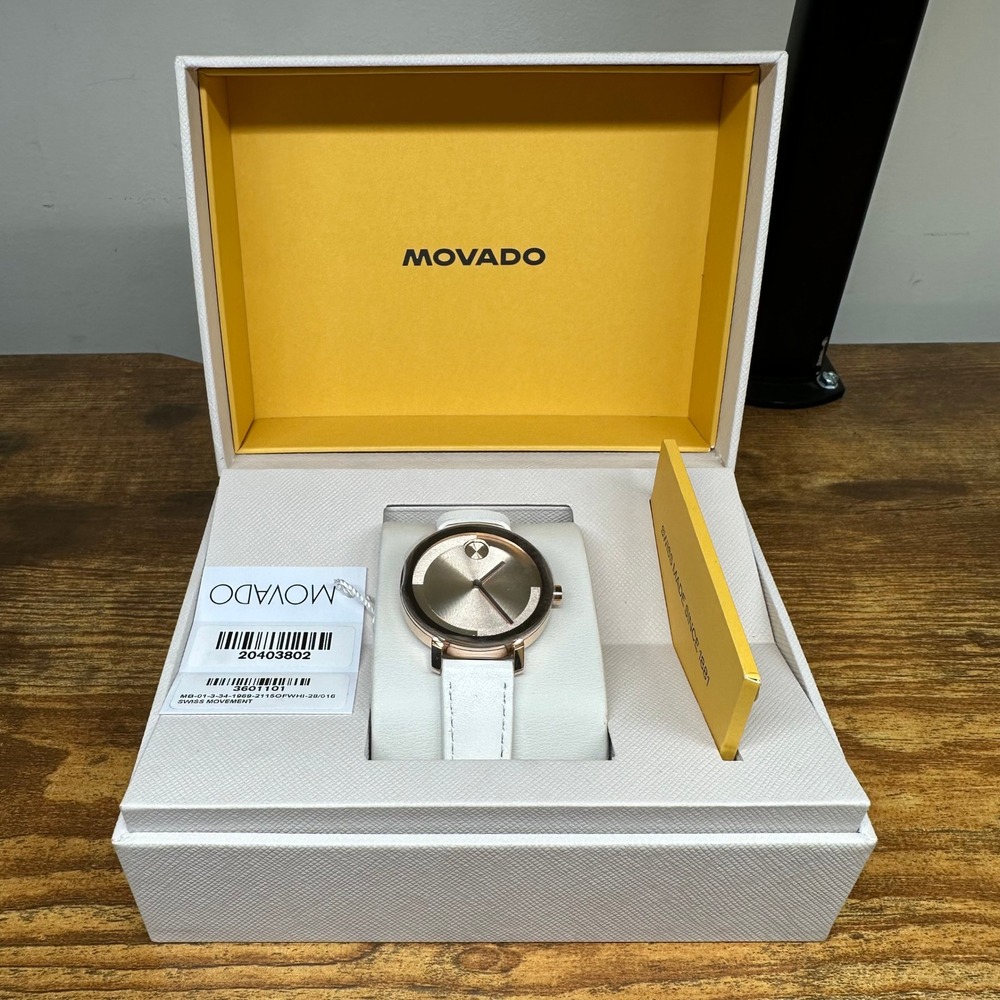 NEW Movado Bold Evolution Rose Gold White Leather Watch 3601101 Swiss Movement